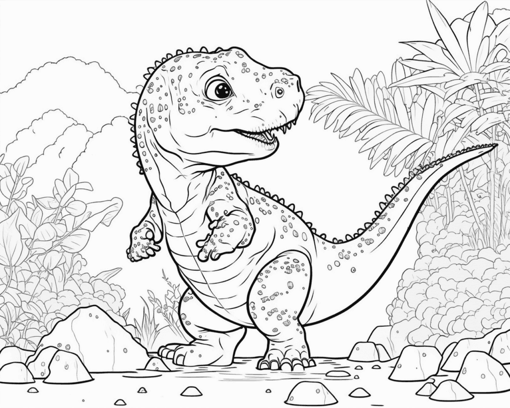Omaľovánka malého dinosaura s bodkovanou kožou medzi kameňmi a papraďami